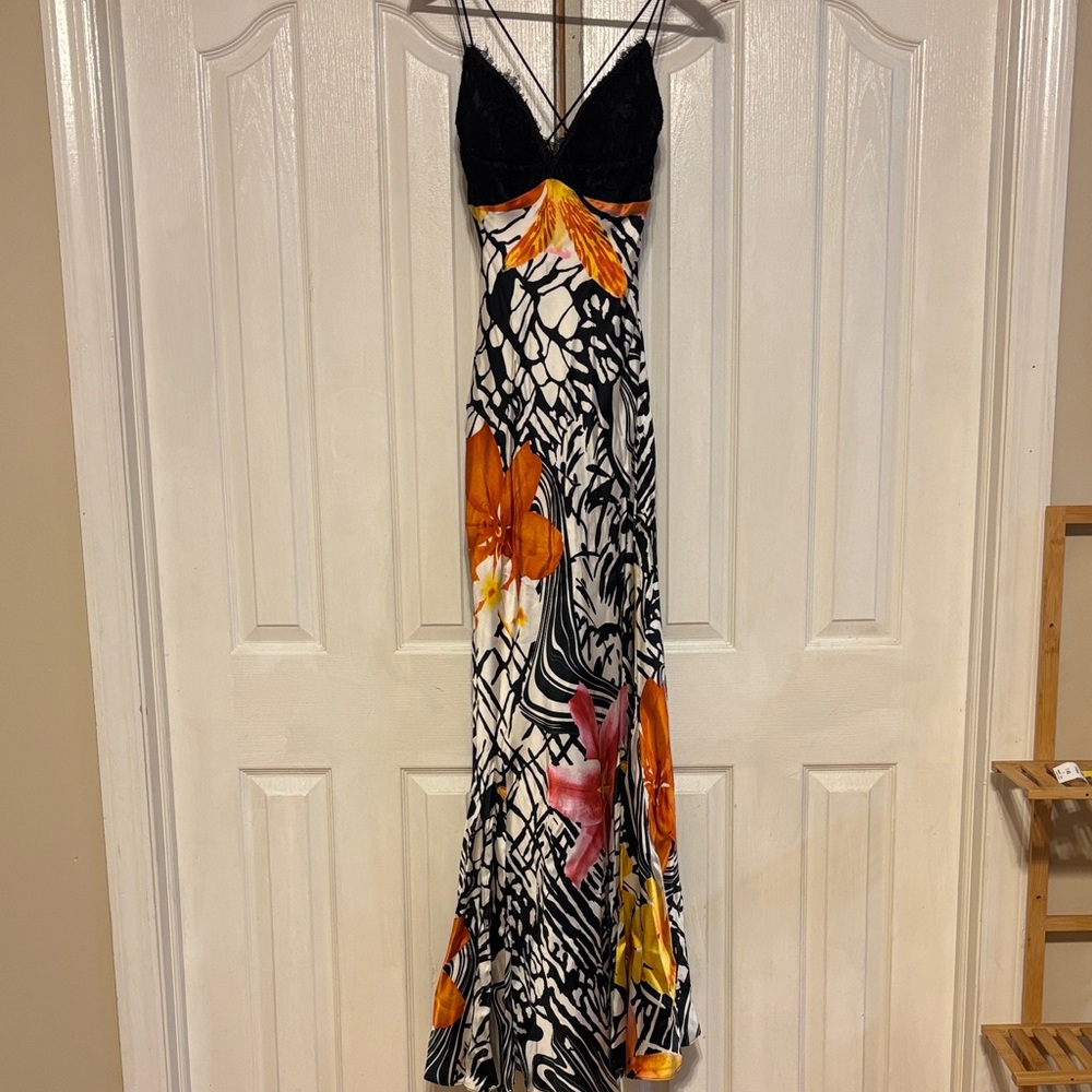 Mary L Couture Black Lace Maxi Dress with Orange and Yellow Floral Print